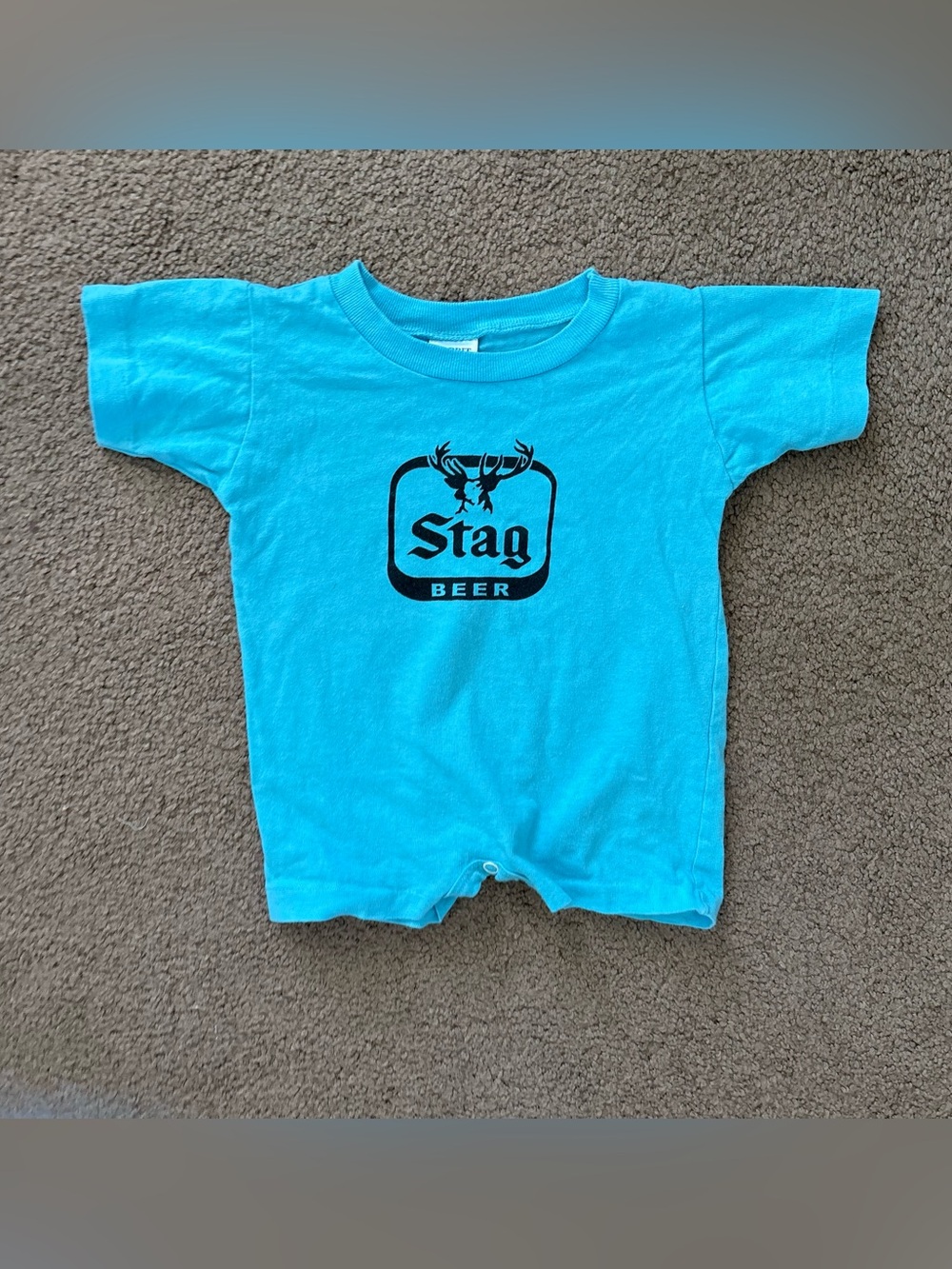 Stag Beer Blue Graphic Logo Knit Cotton Romper One-Piece Short Sleeve Snap 12M